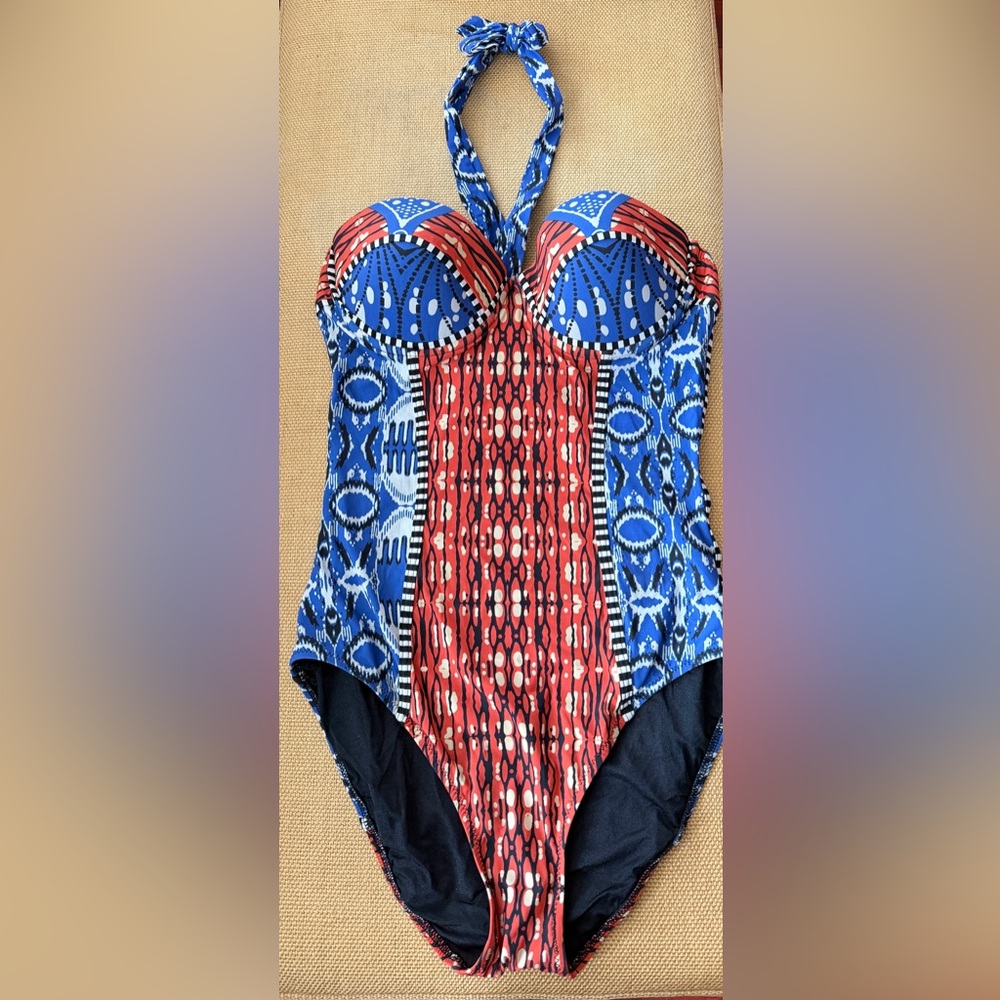 Gottex Red and Blue Patterned One Piece Bandeau Halter Swimsuit - Size 10